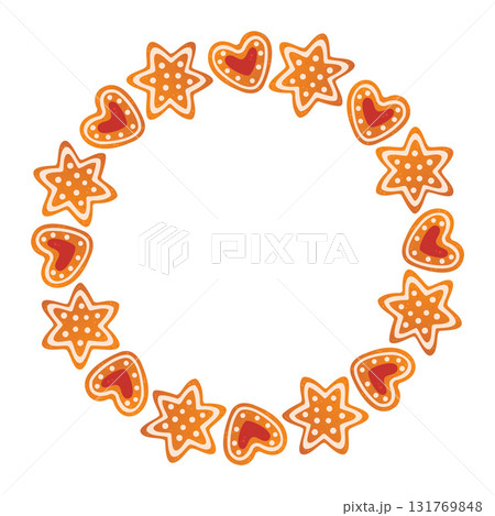 Round Christmas frame made of gingerbread cookies. trendy flat style. 131769848