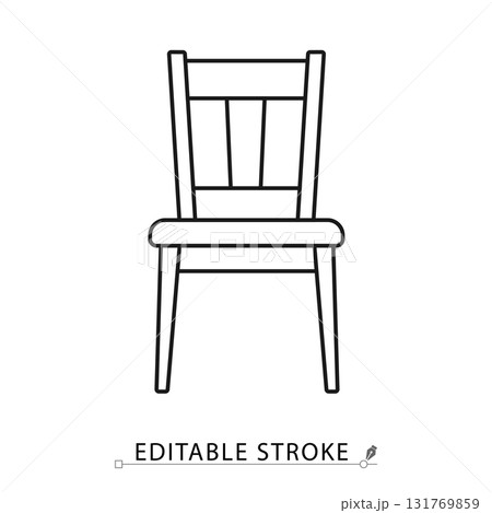 A chair icon in minimalist style with editable stroke. Furniture symbol, seating element, interior object, home decor concept, household pictogram, dining chair design, traditional graphic. 131769859