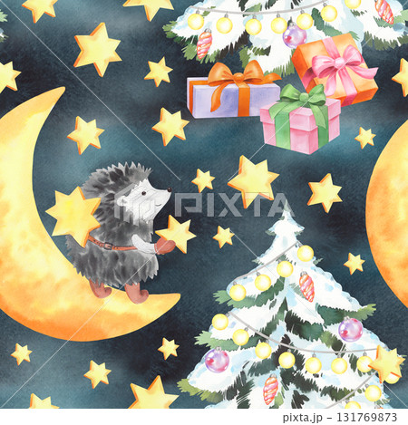 Seamless pattern of the moon, fir tree and hedgehog decorate the sky by stars. Watercolor illustration. For fabric, wallpaper, packing paper, greeting cards, design, decoration and illustration. 131769873