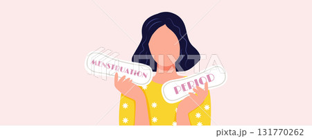 Vector illustration of a woman holding a sanitary pads on a pink background banner on the topic of women periods and menstruation. Gynecology and women health 131770262