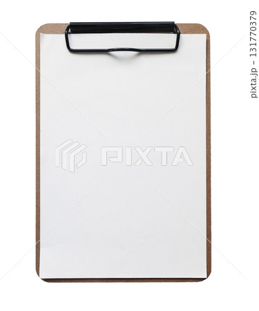 Wooden clipboard with black clip and blank paper sheet isolated on transparent background. Empty note paper mockup. Writing, note, school, business organization concept. Single cut out graphic object 131770379