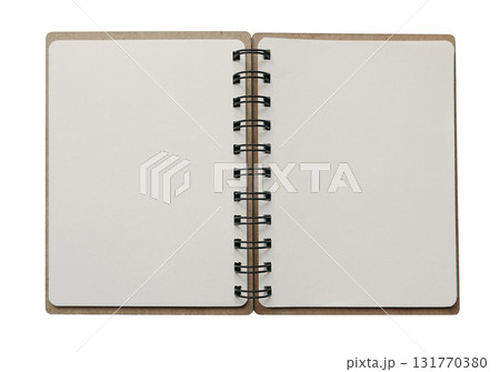 Opened spiral notebook isolated on transparent background. Empty diary, planner. Writing, notes, school or organization concept, cut out graphic object. Spring sketchbook stationery, top view. 131770380