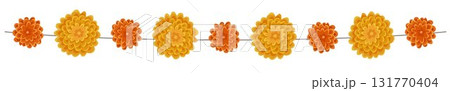 Orange yellow marigold flowers string. Single Indian traditional floral festive garland toran. Zendu flowers isolated on background Decor for Halloween, Dia de los Muertos holiday. Vector illustration 131770404