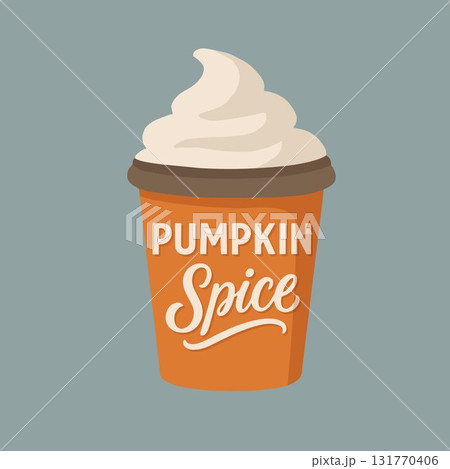 Autumn hot drink greeting card, invitation. Handwritten Pumpkin spice text. Hand drawn cup of hot chocolate, coffee, latte.Vector illustration poster, vintage retro lettering. Fall flat design. 131770406