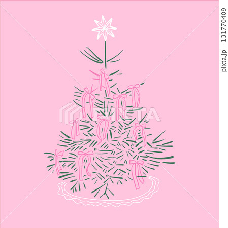 Elegant coquette Christmas tree with bows in whimsical linear hand drawn vector style, magical Christmas atmosphere element. 131770409