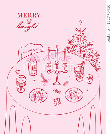 Coquette elegant vertical poster with ink minimal line food, drinks and Christmas tree. Linear Chalk crayon drawings of Christmas dinner table. Vector design for new year greetings, party invitation 131770410