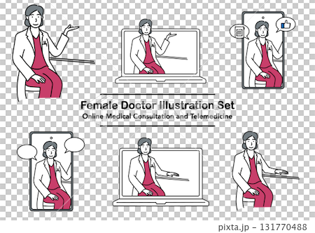 イラスト素材: 女性医師のオンライン診察と遠隔医療のイラストセット 131770488