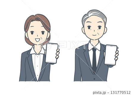 スマートフォンを前に突き出して指して見せる中年のビジネスマンと中年のビジネスウーマンのイラスト スマートフォンを前に突き出して指して見せる中年のビジネスマンと中年のビジネスウーマンのイラスト 131770512
