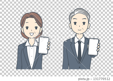 スマートフォンを前に突き出して指して見せる中年のビジネスマンと中年のビジネスウーマンのイラスト スマートフォンを前に突き出して指して見せる中年のビジネスマンと中年のビジネスウーマンのイラスト 131770512