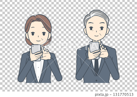 一位中年商人和一位中年女商人操作智慧型手機的插圖 一位中年商人和一位中年女商人操作智慧型手機的插圖 131770513