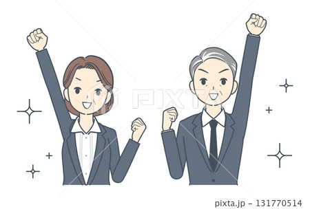 拳を突き上げてガッツポーズをする中年のビジネスマンと中年のビジネスウーマンのイラスト 131770514