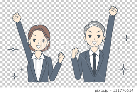 Illustration of a middle-aged businessman and a middle-aged businesswoman raising their fists and making a fist pump Illustration of a middle-aged businessman and a middle-aged businesswoman raising their fists and making a fist pump 131770514