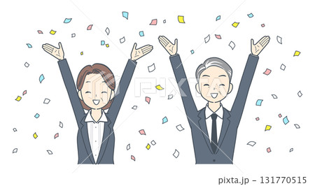 紙吹雪と共に喜ぶ中年のビジネスマンと中年のビジネスウーマンのイラスト 2人 上半身 131770515