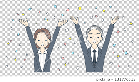 紙吹雪と共に喜ぶ中年のビジネスマンと中年のビジネスウーマンのイラスト 2人 上半身 131770515
