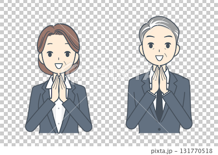 Illustration of a middle-aged businessman and a middle-aged businesswoman joining hands Illustration of a middle-aged businessman and a middle-aged businesswoman joining hands 131770518