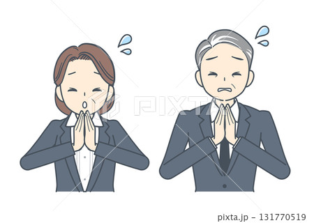 手を合わせて謝罪する中年のビジネスマンと中年のビジネスウーマンのイラスト 131770519