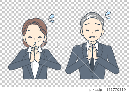 Illustration of a middle-aged businessman and a middle-aged businesswoman apologizing with their hands together 131770519