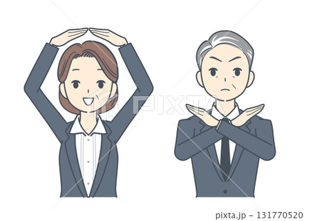 OKサインを出す中年のビジネスウーマンと,拒否のサインを出す中年のビジネスマンのイラスト 131770520
