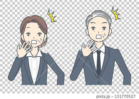 Illustration of a shocked middle-aged businessman and middle-aged businesswoman Illustration of a shocked middle-aged businessman and middle-aged businesswoman 131770527