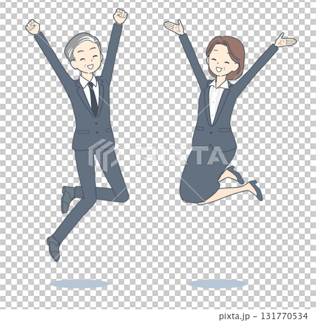 Illustration of a middle-aged businessman and a middle-aged businesswoman jumping for joy Illustration of a middle-aged businessman and a middle-aged businesswoman jumping for joy 131770534