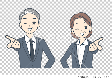 一位中年商人和一位中年女商人面帶微笑地指向前方的插圖 131770537