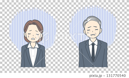 悲しそうに俯く中年のビジネスマンと中年のビジネスウーマンのイラスト 悲しそうに俯く中年のビジネスマンと中年のビジネスウーマンのイラスト 131770540