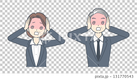 一位中年商人和一位中年女商人抱頭困惑的插圖 131770543