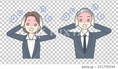 一位中年商人和一位中年女商人抱頭困惑的插圖 131770544