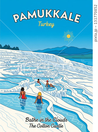 Vintage travel poster, Pamukkale, Turkey, art in the style of retro illustration 131770852