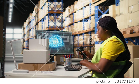 African american female scanning shipping labels with AI brain neural networks, support for the package tracking software system. Woman handling online shopping orders in warehouse. Camera A. African american female scanning shipping labels with AI brain neural networks, support for the package tracking software system. Woman handling online shopping orders in warehouse. Camera A. 131771177