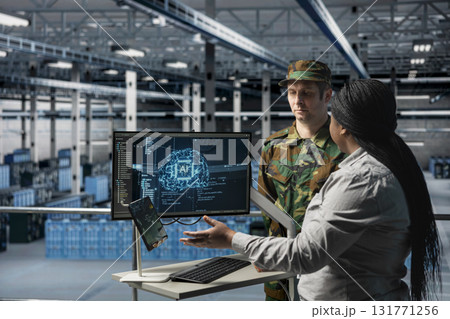 Army tech expert in data center briefing command officer with AI assisted strategic insights. Server farm workers analyzing enemy movement predictions generated by AI systems 131771256