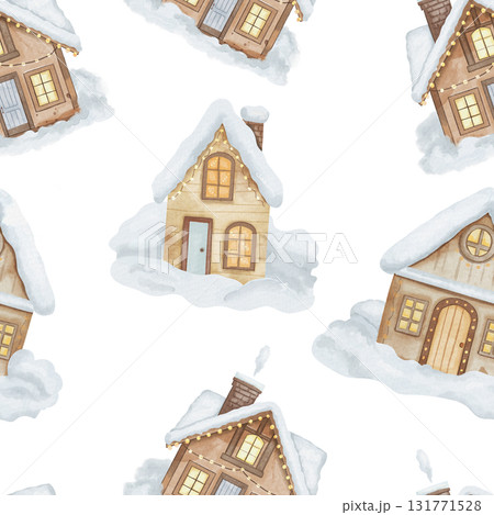 Seamless watercolor pattern with wooden houses, snowdrifts, lights, and garlands on the windows. Snow-covered cottages, white background 131771528