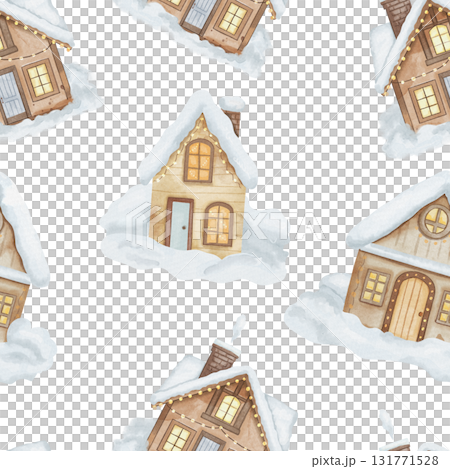 Seamless watercolor pattern with wooden houses, snowdrifts, lights, and garlands on the windows. Snow-covered cottages, white background Seamless watercolor pattern with wooden houses, snowdrifts, lights, and garlands on the windows. Snow-covered cottages, white background 131771528