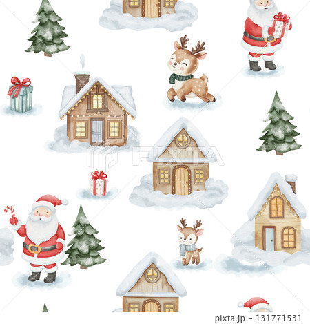 Seamless watercolor pattern with Santa Claus, cute reindeer, snowy houses, Christmas trees, and gift boxes. Cozy winter holiday illustration on white background 131771531