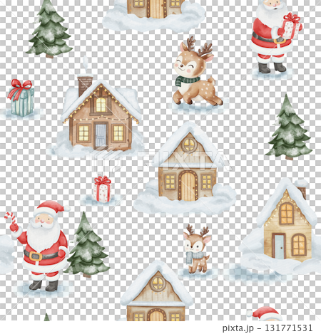 Seamless watercolor pattern with Santa Claus, cute reindeer, snowy houses, Christmas trees, and gift boxes. Cozy winter holiday illustration on white background 131771531