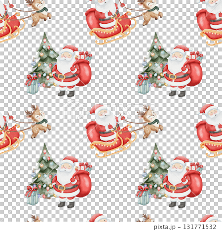 Seamless Christmas pattern with Santa Claus, reindeer, sleigh, decorated Christmas tree and gifts. Watercolor festive illustration on white background for holiday wrapping and design. Seamless Christmas pattern with Santa Claus, reindeer, sleigh, decorated Christmas tree and gifts. Watercolor festive illustration on white background for holiday wrapping and design. 131771532
