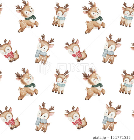 Seamless watercolor pattern featuring various cute Christmas reindeer wearing scarves. Cheerful animals on white background. Symbol of the New Year, Santa Claus helper Seamless watercolor pattern featuring various cute Christmas reindeer wearing scarves. Cheerful animals on white background. Symbol of the New Year, Santa Claus helper 131771533