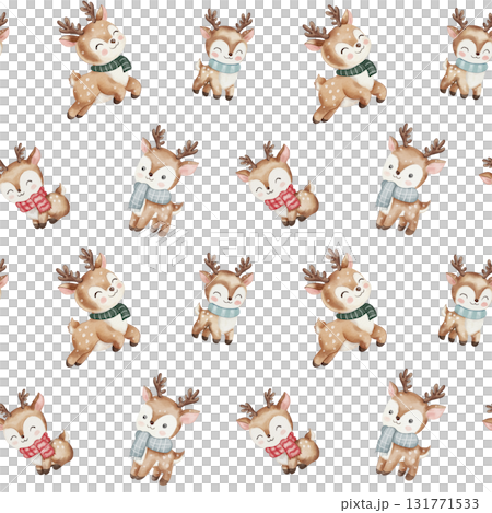 Seamless watercolor pattern featuring various cute Christmas reindeer wearing scarves. Cheerful animals on white background. Symbol of the New Year, Santa Claus helper Seamless watercolor pattern featuring various cute Christmas reindeer wearing scarves. Cheerful animals on white background. Symbol of the New Year, Santa Claus helper 131771533