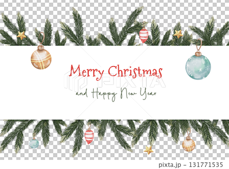 Watercolor Christmas card with pine branches, golden stars, and colorful baubles. Festive Merry Christmas and Happy New Year text on white background. Elegant holiday greeting design Watercolor Christmas card with pine branches, golden stars, and colorful baubles. Festive Merry Christmas and Happy New Year text on white background. Elegant holiday greeting design 131771535