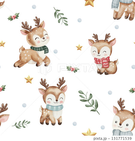 Seamless watercolor pattern with cute baby reindeer in colorful scarves, holly branches, and golden stars. White background, cozy Christmas and winter holiday design Seamless watercolor pattern with cute baby reindeer in colorful scarves, holly branches, and golden stars. White background, cozy Christmas and winter holiday design 131771539