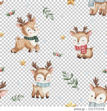 Seamless watercolor pattern with cute baby reindeer in colorful scarves, holly branches, and golden stars. White background, cozy Christmas and winter holiday design Seamless watercolor pattern with cute baby reindeer in colorful scarves, holly branches, and golden stars. White background, cozy Christmas and winter holiday design 131771539