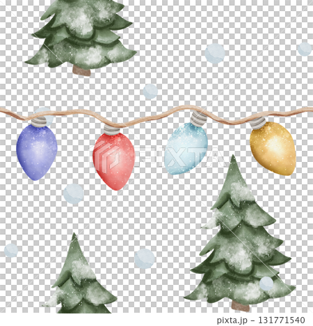 Seamless watercolor pattern featuring snow-covered Christmas trees, multicolored fairy lights, blue snowflakes on white background. Winter holiday design for wrapping, fabric, or festive decorations Seamless watercolor pattern featuring snow-covered Christmas trees, multicolored fairy lights, blue snowflakes on white background. Winter holiday design for wrapping, fabric, or festive decorations 131771540