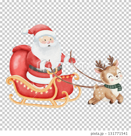 Watercolor illustration of Santa Claus riding red sleigh with gift bag, pulled by cute reindeer in green scarf. White background, adorable childish Christmas style 131771541