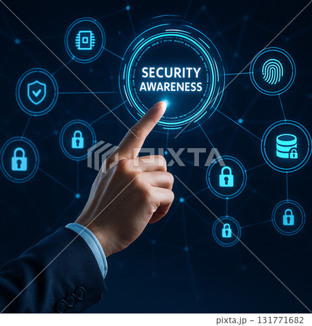 AI generated digital illustration showing cybersecurity awareness with glowing icons shield lock fingerprint and secure network connections in futuristic style 131771682