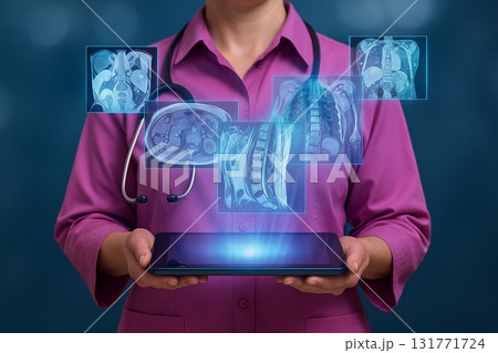 AI generated digital medical artwork showing doctor holding tablet projecting holographic MRI CT Xray scans of spine pelvis and abdomen with glowing futuristic interface AI generated digital medical artwork showing doctor holding tablet projecting holographic MRI CT Xray scans of spine pelvis and abdomen with glowing futuristic interface 131771724