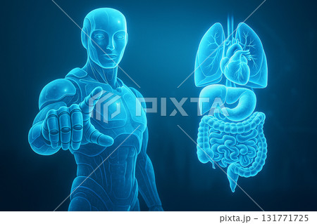 AI generated sci fi medical visualization showing a glowing humanoid robot with holographic human organs including heart lungs stomach and intestines in a futuristic digital setting AI generated sci fi medical visualization showing a glowing humanoid robot with holographic human organs including heart lungs stomach and intestines in a futuristic digital setting 131771725