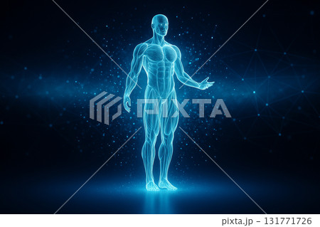 AI generated futuristic hologram of transparent human body with glowing muscles and anatomy visualization symbolizing digital medical technology and advanced health analysis AI generated futuristic hologram of transparent human body with glowing muscles and anatomy visualization symbolizing digital medical technology and advanced health analysis 131771726