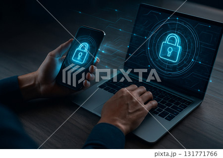 AI generated concept of cybersecurity and data protection with glowing lock icons on mobile and laptop showing secure digital connection AI generated concept of cybersecurity and data protection with glowing lock icons on mobile and laptop showing secure digital connection 131771766