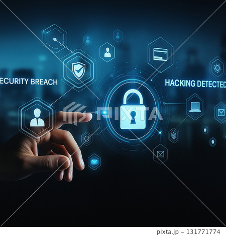 AI generated digital visualization of cybersecurity system with hacking detection warning padlock shield icons and holographic interface in futuristic blue tones 131771774