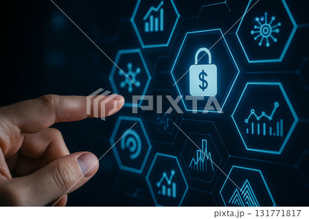 AI generated hand pointing at glowing digital lock with dollar symbol representing financial cybersecurity data protection secure banking digital money safety and encryption 131771817